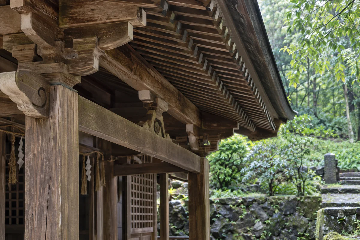 木造建築の柱と梁、軒を支える木組みと周囲の緑
