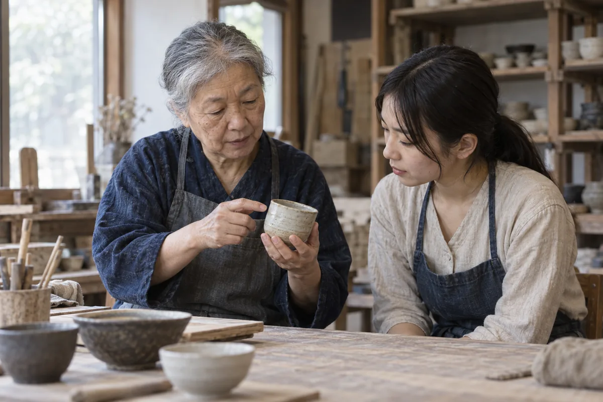 陶芸の工房で、器を手がかりに作り手の話を聞く人