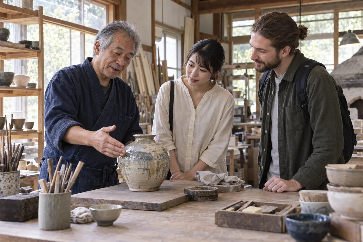 工房で器を紹介する作り手と、その話に耳を傾ける二人の訪問者