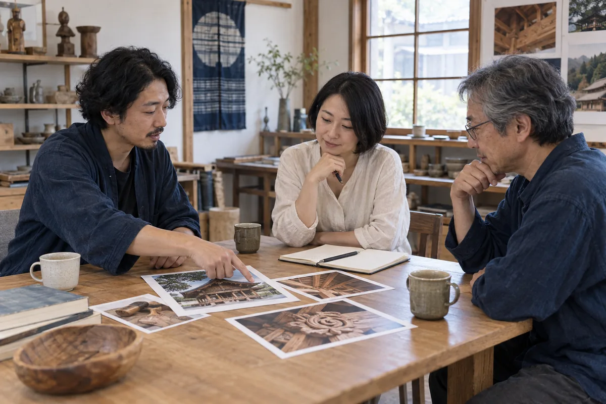 工芸や木造建築の写真を囲み、文化の伝え方について話し合う三人