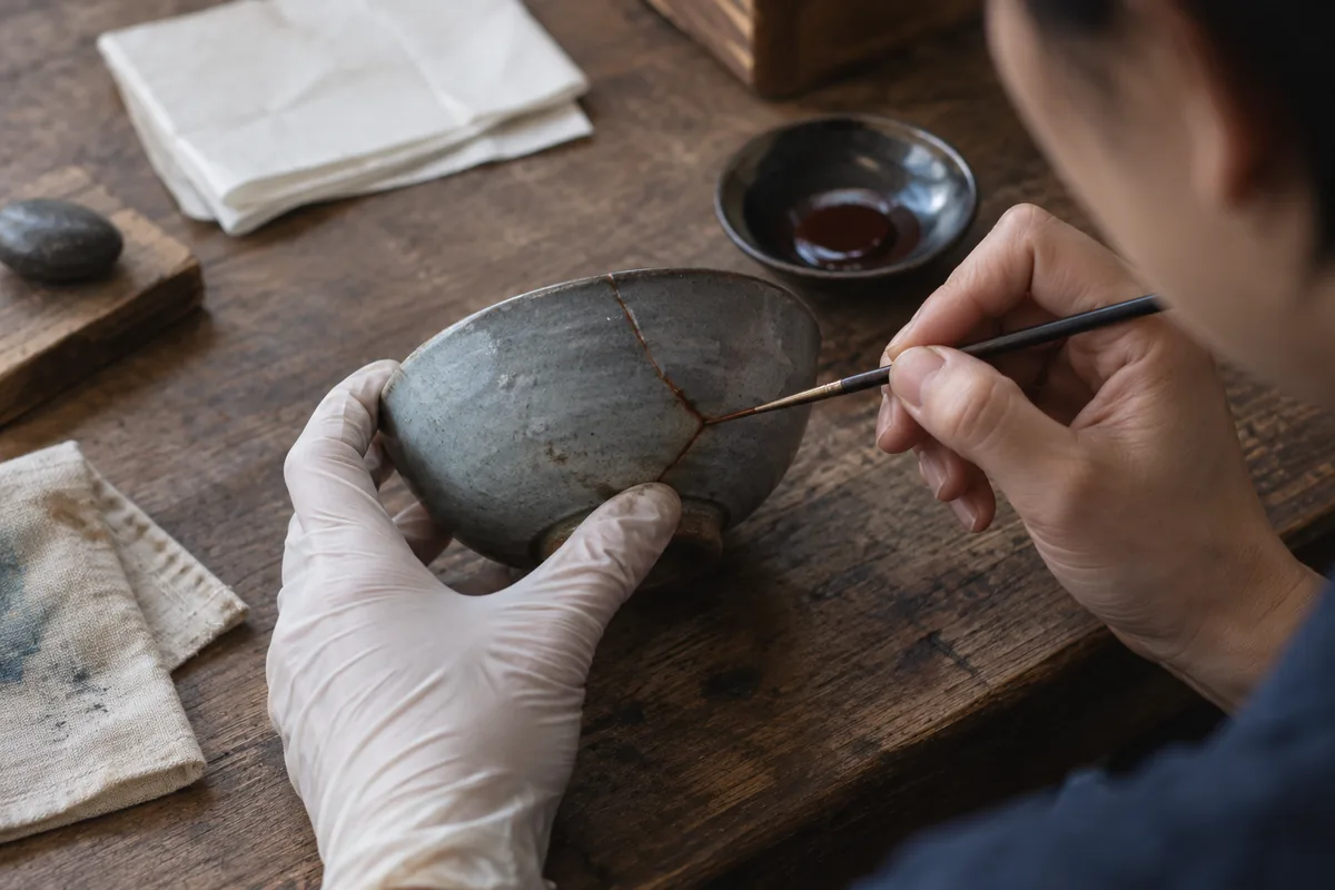 手袋を着けた手で陶器の茶碗を支え、継ぎ目に細い筆を添える様子