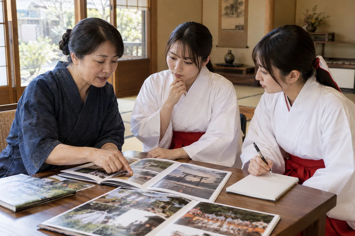 写真資料を囲み、講師と対話しながら日本文化を学ぶ人たち